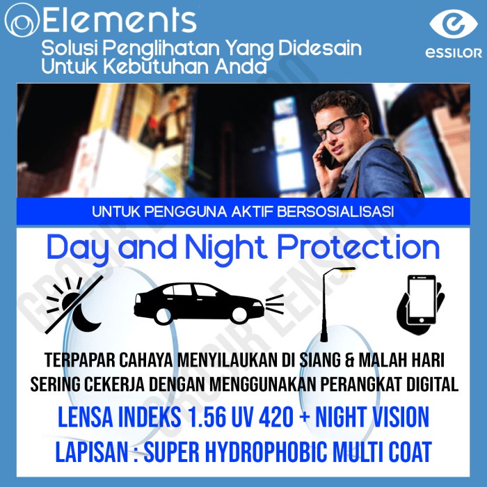 Lensa Essilor Elements Anti Blueray + Drive Night Vision 1.56