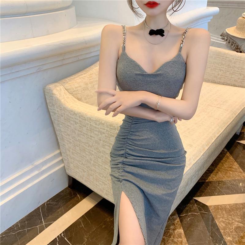 Women's Slim Fit Slit Sexy Slip Dress Midi Dress