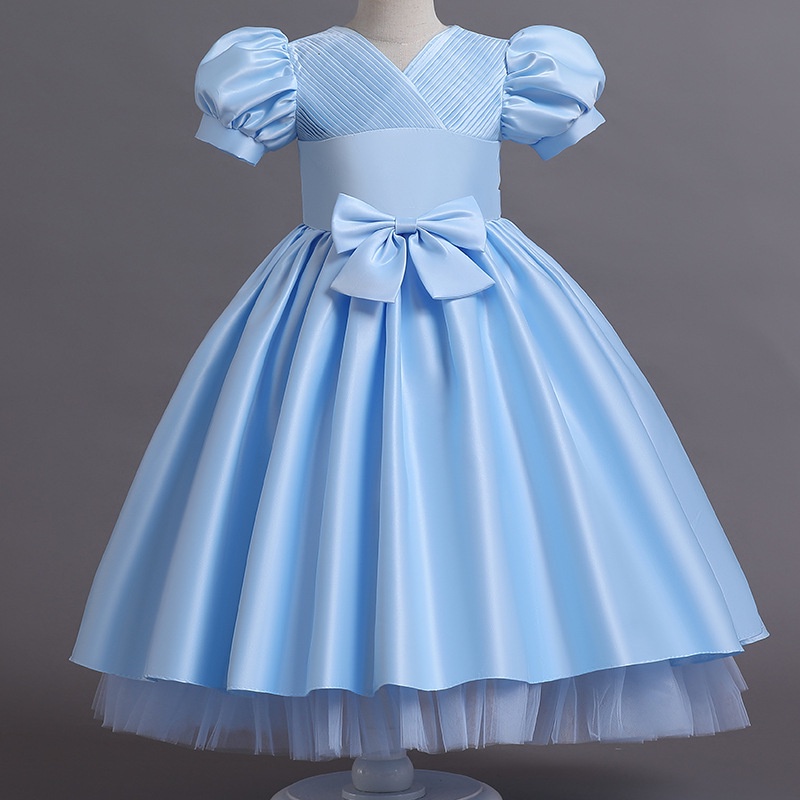 Sage Green Party Dress Satin Anak Perempuan Short Sleeve Princess Dress 3-12T