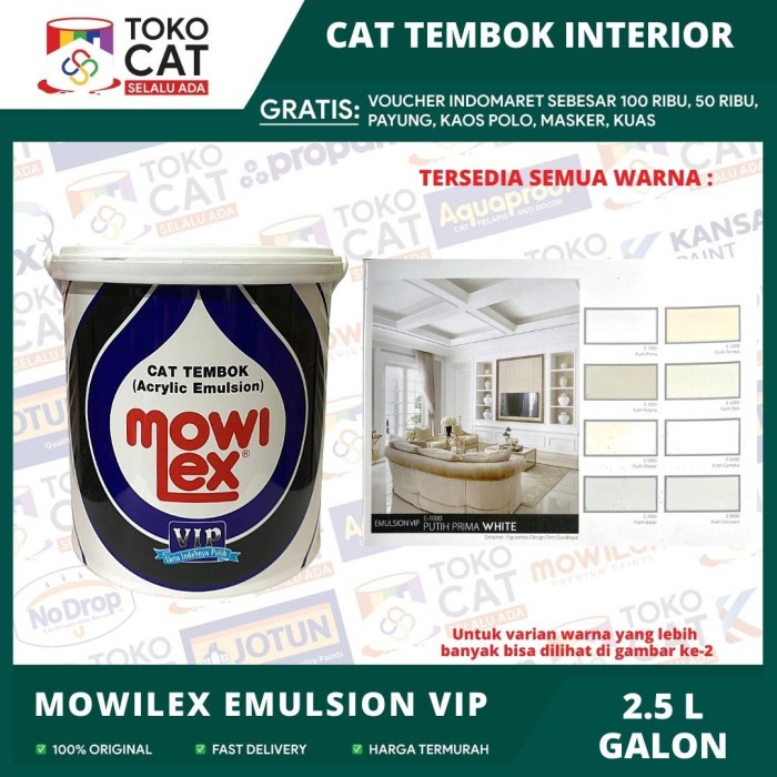 CAT TEMBOK DALAM MOWILEX EMULSION VIP WARNA PUTIH PRIMA E1000 2,5 LITER GALON // CAT TEMBOK INTERIOR