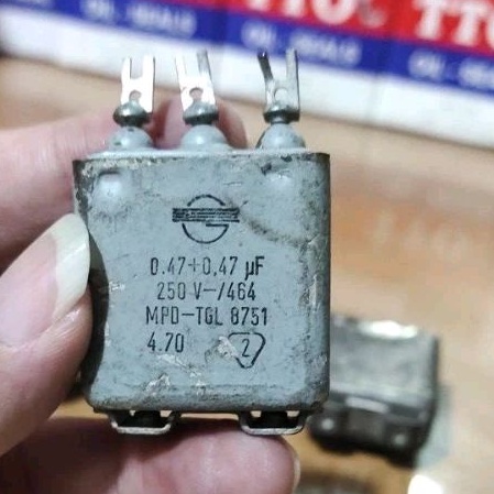 Langka Unik Antik ℹ️ 1 PCs Oil Capacitor Kotak Solder NICO 0.47 + 0.47 uF MFD kaki 3 ✓ 250 v volt 0.