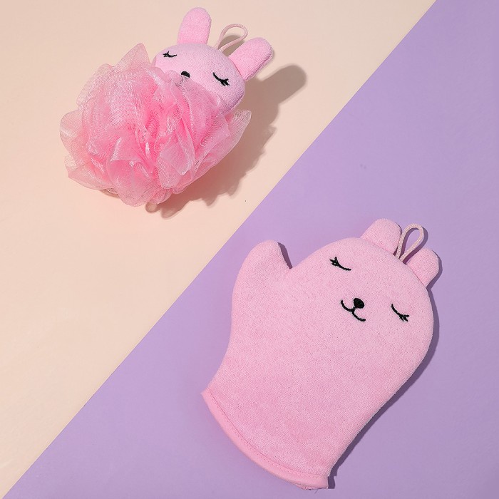 Terbaru Miniso Pink Rabbit Penguin Bath Set Sarung Tangan Mandi + Spons Mandi