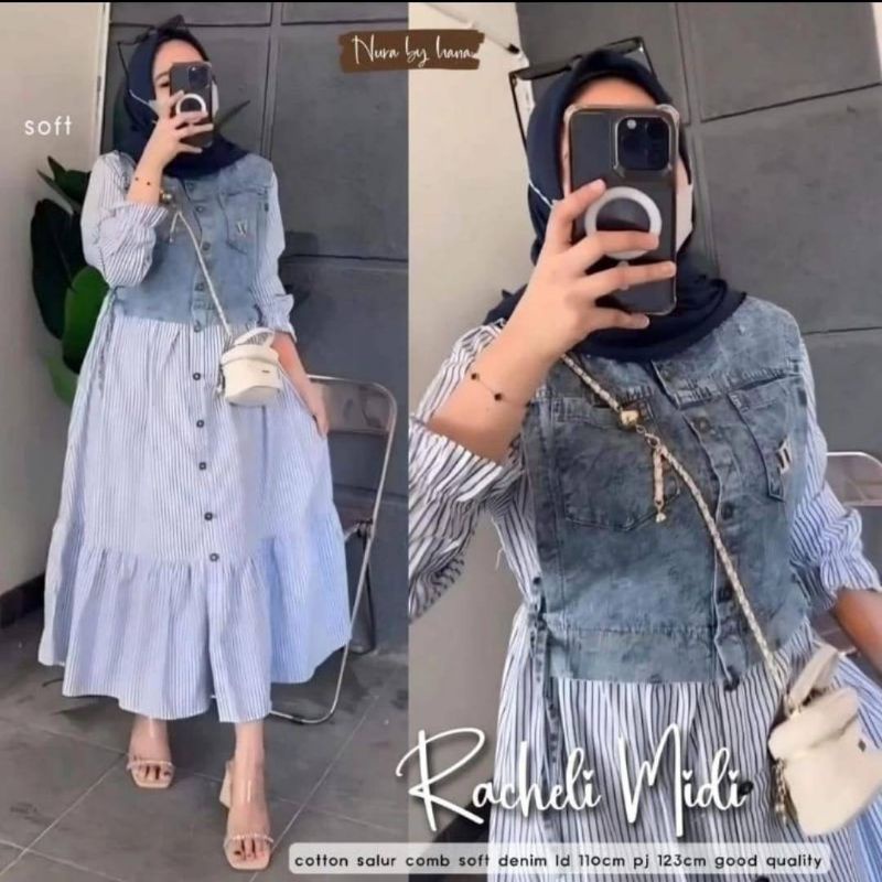 READY SIAP KIRIM RACHELI MIDI JEANS MIX KATUN LABEL ZARA MIDIDRESS WANITA TERLARIS
