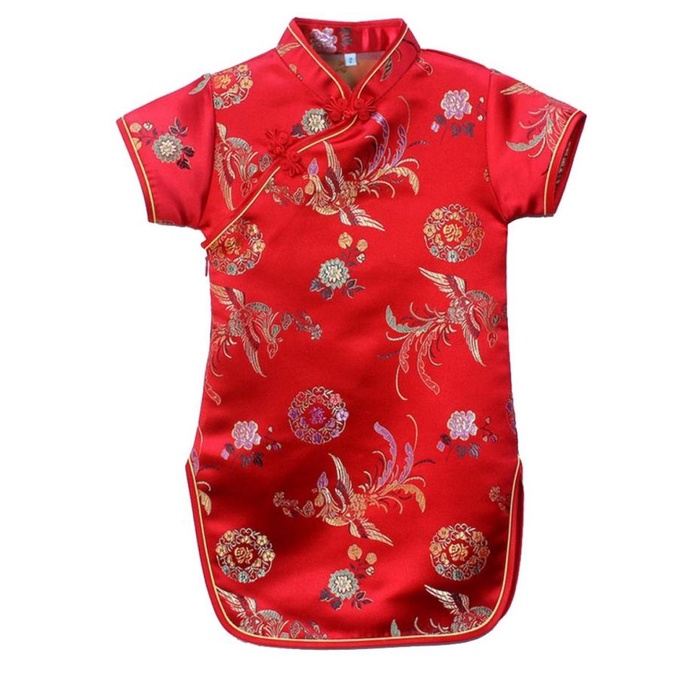 Cheongsam Qipao Anak Motif Naga Dan Phonix Silk Sutra Gong Xi Fa Cai Pengiriman Cepat