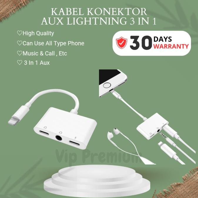 KABEL KONEKTOR IPHONE LIGHTNING ADAPTER AUX HEADSET CHARGER 3 IN 1 ORI
