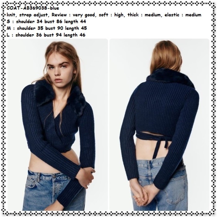 [COD] Ab369038 Crop Cardigan Kimono Jaket Rajut Bulu Fur Wanita Korea Biru Diskon