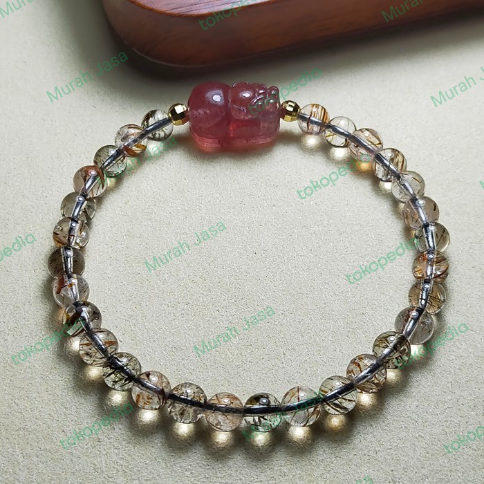 ✨Sale Gelang Black Gold Rutilated Super Seven Pixiu Strawberry Quartz Diskon
