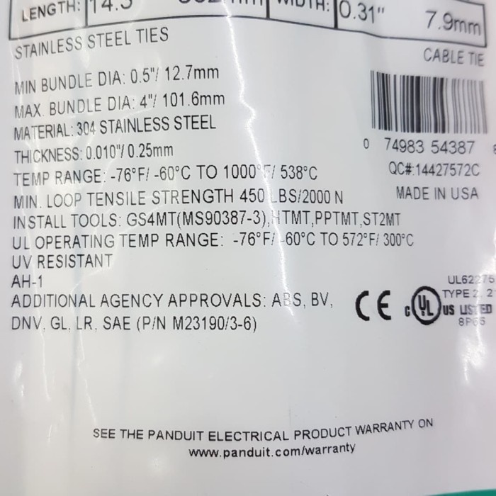 

Panduit Stainless Steel Cable Ties L: 14.3" W: 0.31" Mlt4H-Lp 1 Pack