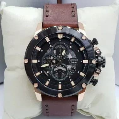 ✨Sale Jam Tangan Pria Alexandre Christie Ac 6416 Black Rosegold Leather Brow Limited