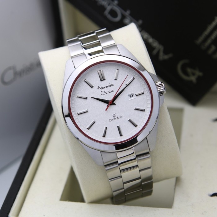 ✨Ready Jam Tangan Pria Alexandre Christie Ac 8644 Original Silver Red Diskon
