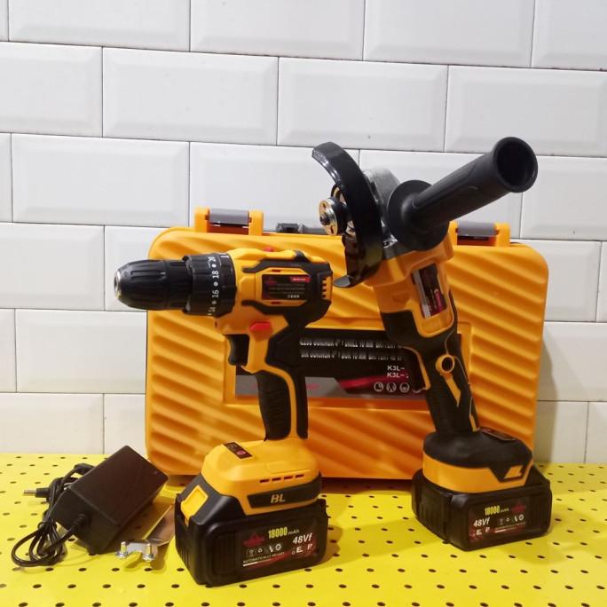 PAKET MESIN GERINDA DAN BOR IMPACT CORDLESS  BUSHLESS YUKIDO RIBKAMASYA0