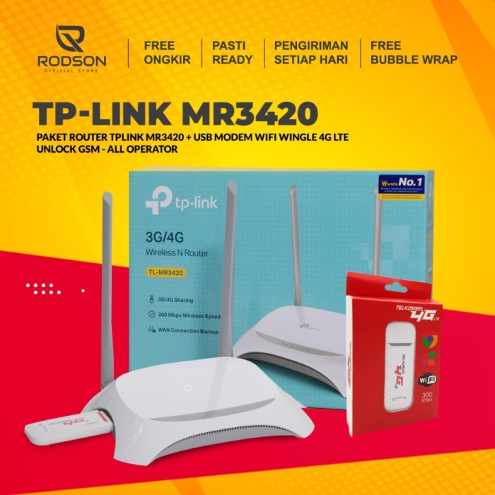PAKET ROUTER TP-LINK MR3420 + USB MODEM WIFI 4G LTE UNLOCK SEMUA GSM