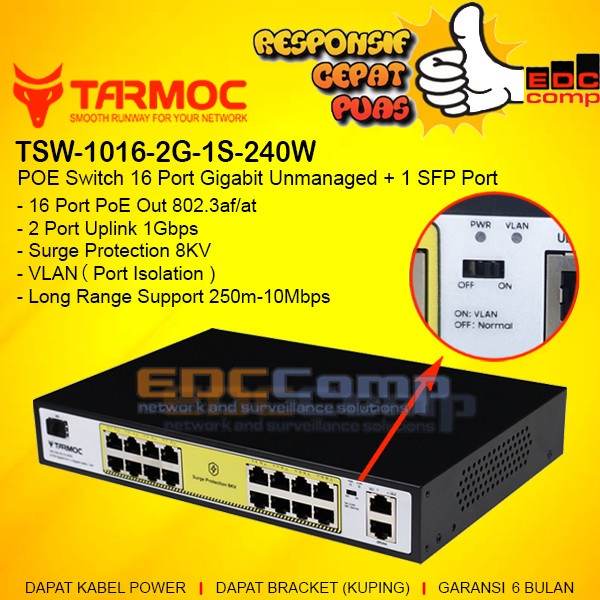 TARMOC TSW-1016-2G-240W 16 PORT GIGABIT POE 802.3AF/AT POE SWITCH 240W