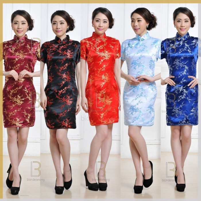 Baju Gaun Kain Cheongsam Qipao Shanghai Merah Wanita Modern Dress Cina