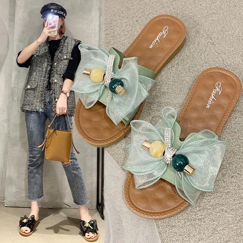CD Pusat Batam Grosir - S1036 Sandal Motif Pita Bunga Candy / Sandal Aksesoris Pita / Sandal Flat Wa
