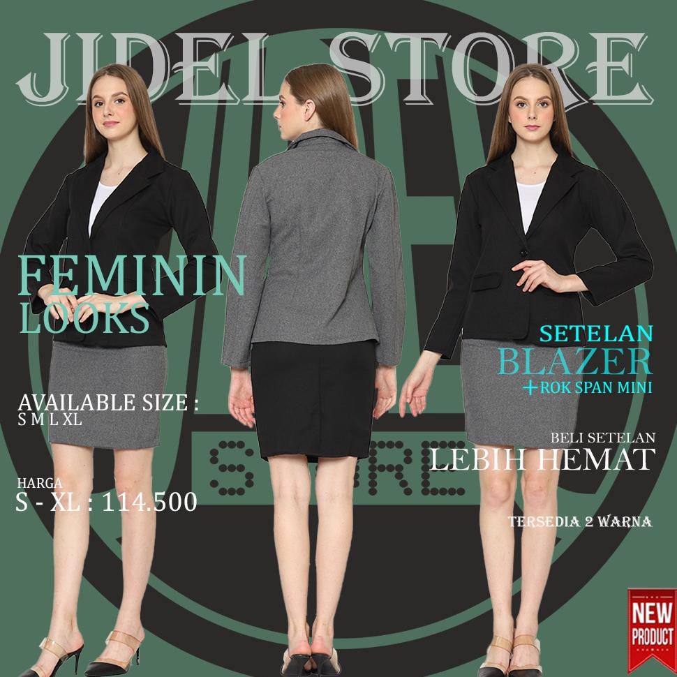 Wanita Polos Satu Set Setelan Blazer Formal Dan Rok Mini 3/4 Hitam Dan Abu Blezer Wanita Satu One Se