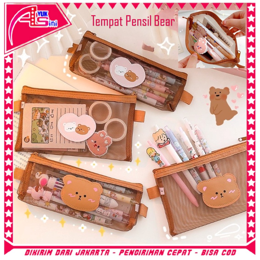 

AS Tempat Pensil Zipper Coklat Motif Beruang Dompet Pensil Coklat Lucu Motif Bear Tempat Makeup Teddy Brown Model Jaring Transparan dan Multicolour Cute