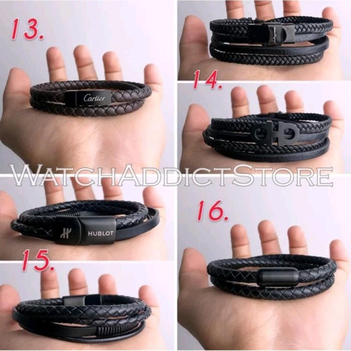 Gelang - Gelang Tangan Titanium Kulit Leather Pria Cowok Keren Magnet Kayu Asli