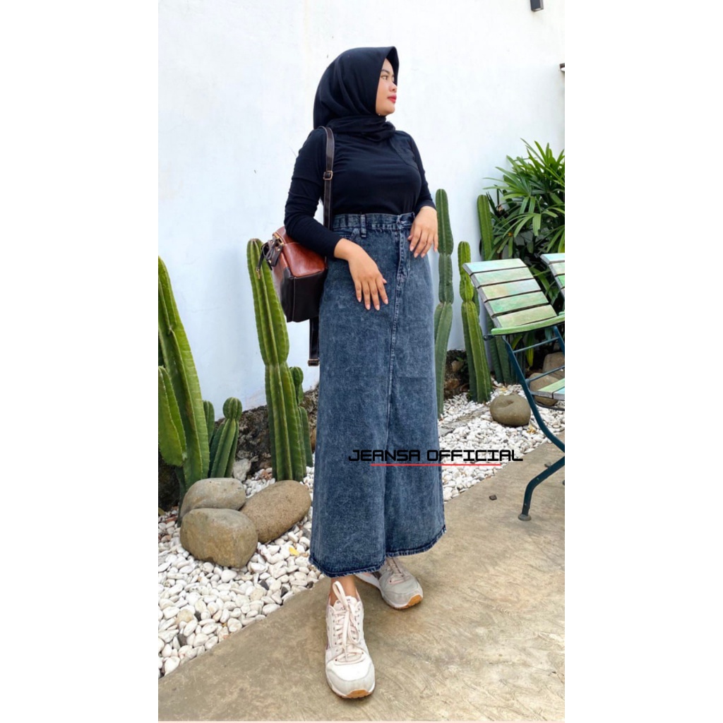 Rok Jeans Wanita Rok Jin Skirt Denim Vintage Remaja Hitam Panjang Kuliah Bahan Melar Nyaman Dewasa R