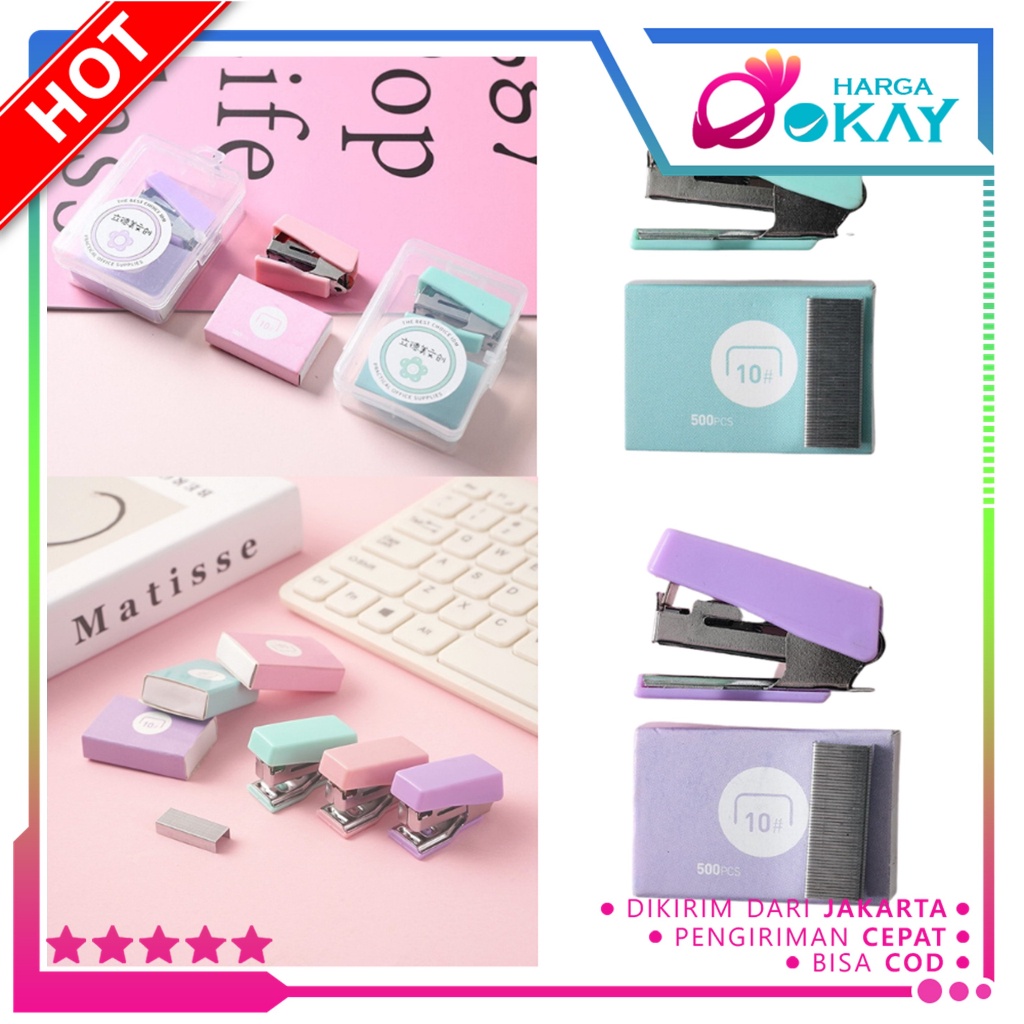 

HO Staples Mini Ukuran Kecil Unik Kemasan Box Lucu Free Isi Mini Stapler Set Macaron Color Warna Pastel Perlengkapan Kantor