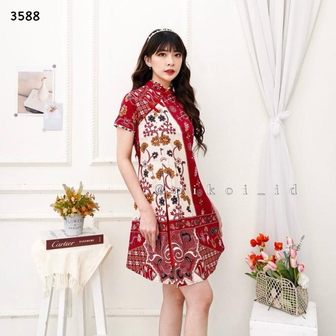 Ready Couple Batik Modern Wanita Kemeja Pria / Cheongsam Dress Batik Merah Pengiriman Cepat