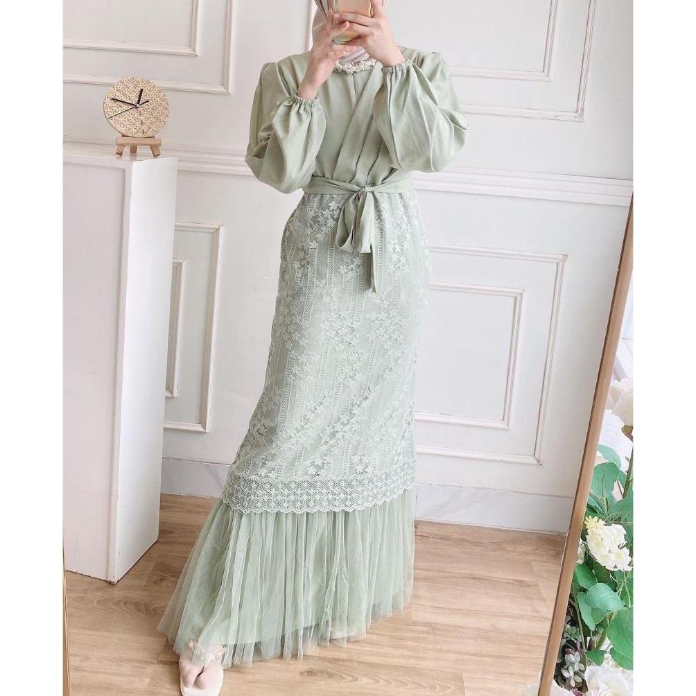 Terlaris Aurora Boutique MAXI CANTIKA | Terbaru Dress Gamis Perempuan Wanita Lebaran Bahan Rayon Kombinasi Brukat Malika Motif Bunga dan Tile Polos Sale