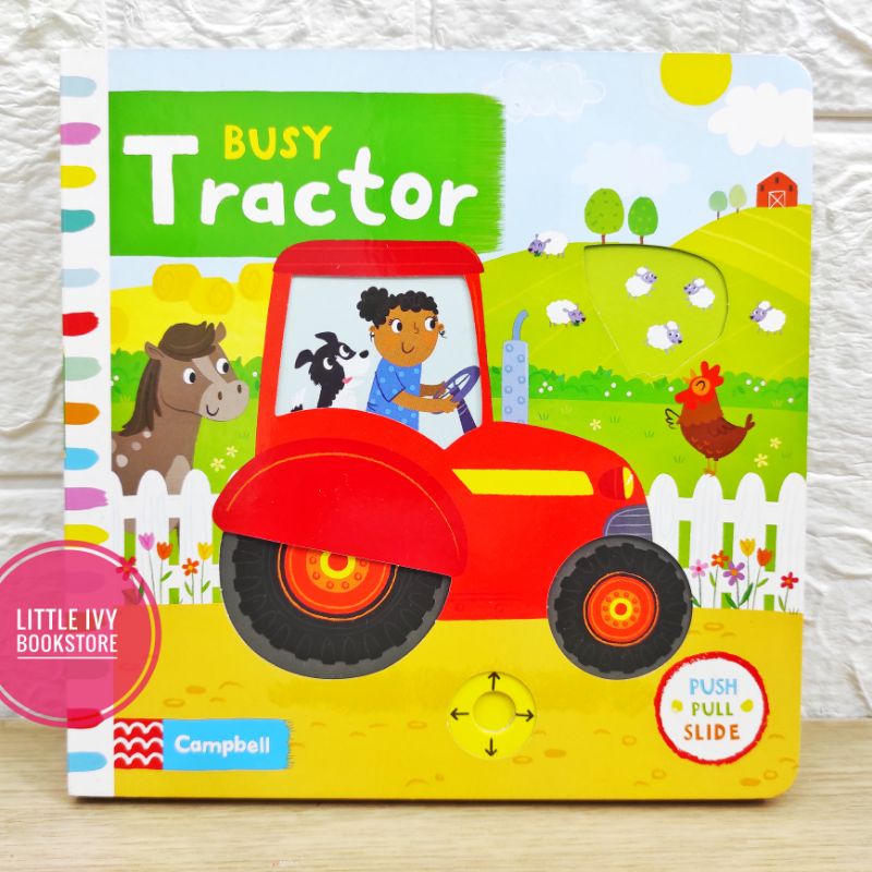 Campbell Busy Tractor Push Pull Slide Board Book. Buku Cerita Anak Import