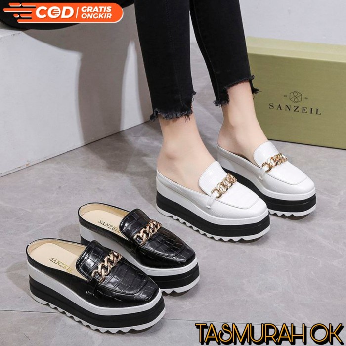 Sepatu Sandal Wedges Wanita Tinggi Selop Hak Tinggi Kulit Croco Chain