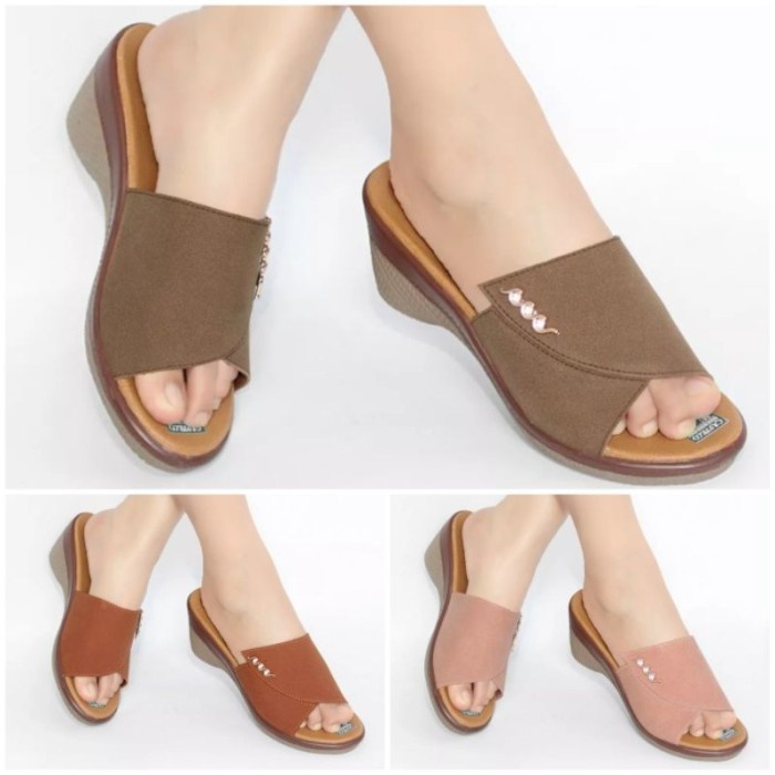 Sepatu Aralus - Sandal Wedges Wanita Murah Slop Sendal Kulit Ibu Ibu