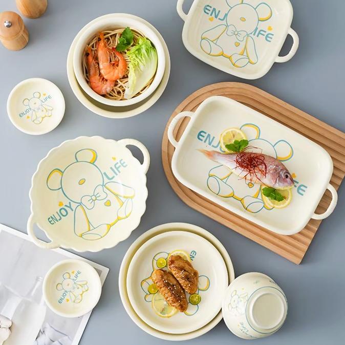 ,,,,,,,] Set Makan Bear Enjoy Life Mangkuk Piring Porselen Keramik Anak Kado
