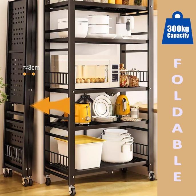 """] Rak Besi Lipat Roda 4 Tingkat Serbaguna Gudang Dapur Susun Heavy Duty