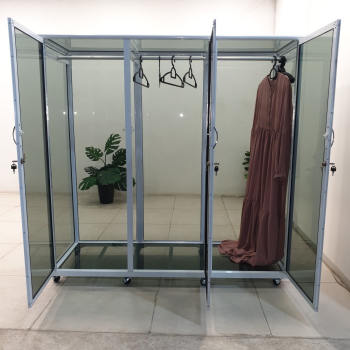 150X55X150 LEMARI GANTUNG BAJU GAUN GAMIS ALUMINIUM PUTIH 20U KACA 3MM