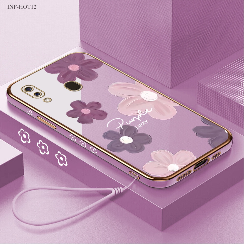 Infinix Hot 12 12i 11 11S 10 10S 9 8 NFC Pro Play Untuk Phone Case Softcase Soft Casing Lembut Black Flower 2179 Tali Gantungan