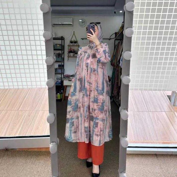 Terlaris Amel - Setelan Long Tunik Wanita Salma Abstrak Setelan Kulot Cringkle Wanita Oneset Midi Tu