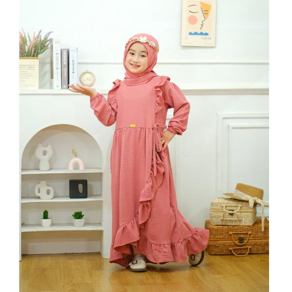 Terlaris Gamis Anak Elena Dress Bahan Crinkle Airflow Free Pasmina Instan Usia 1-10 Tahun H01 Diskom