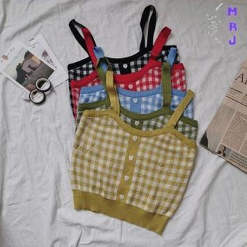 Tank Top Crop Wanita Motif Kotak - Kotak 6611 Atasan Square Knit