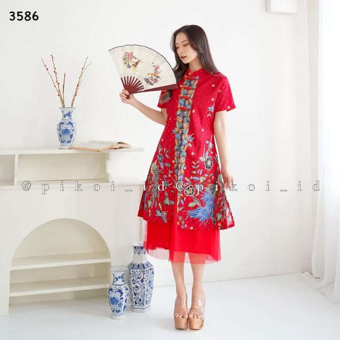 Terbaru Dress Cheongsam Merah Batik Brukat / Qipao Merah Imlek Natal / Couple Original