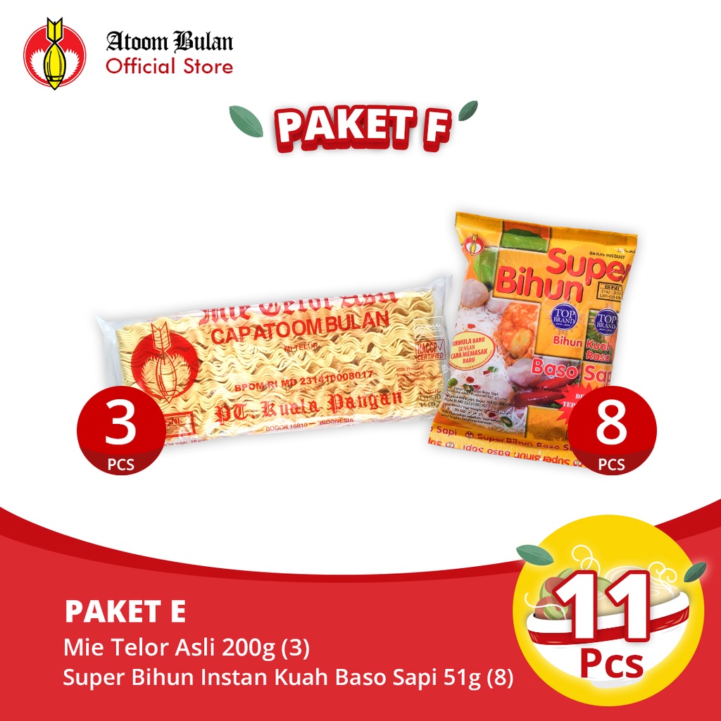 

Paket F - Mie Telor Asli (3 pcs) + Super Bihun Baso (8 pcs)