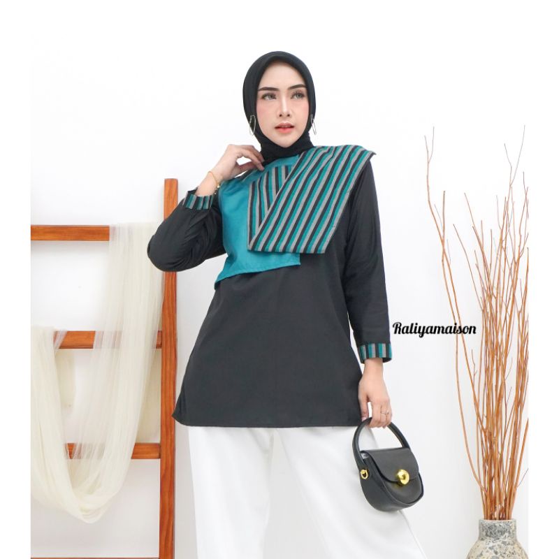 BLOUSE LURIK | BLOUSE LURIK KOMBINASI | BLOUSE LURIK WANITA MODERN | RENJI BLOUSE TOSCA | RALIYA MAI