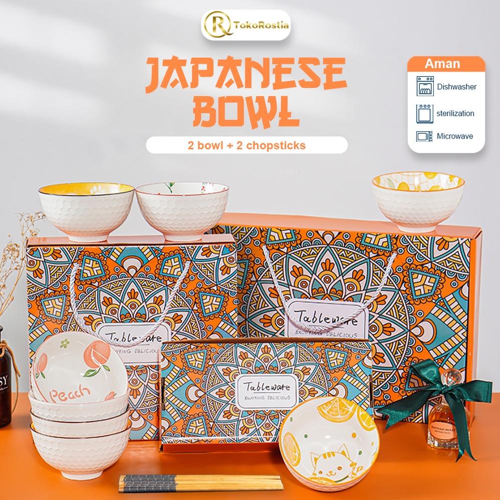Mangkok Jepang Bohemian Keramik dan Sumpit Set 2 Hampers