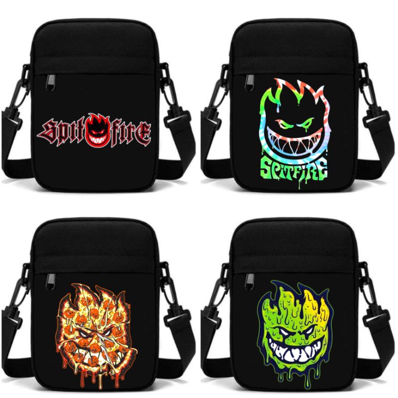 Tas Selempang Hitam Spit Fire Distro Bahan 100% Kanvas Cordura / Tas Selempang Mini Spit Fire / Slin