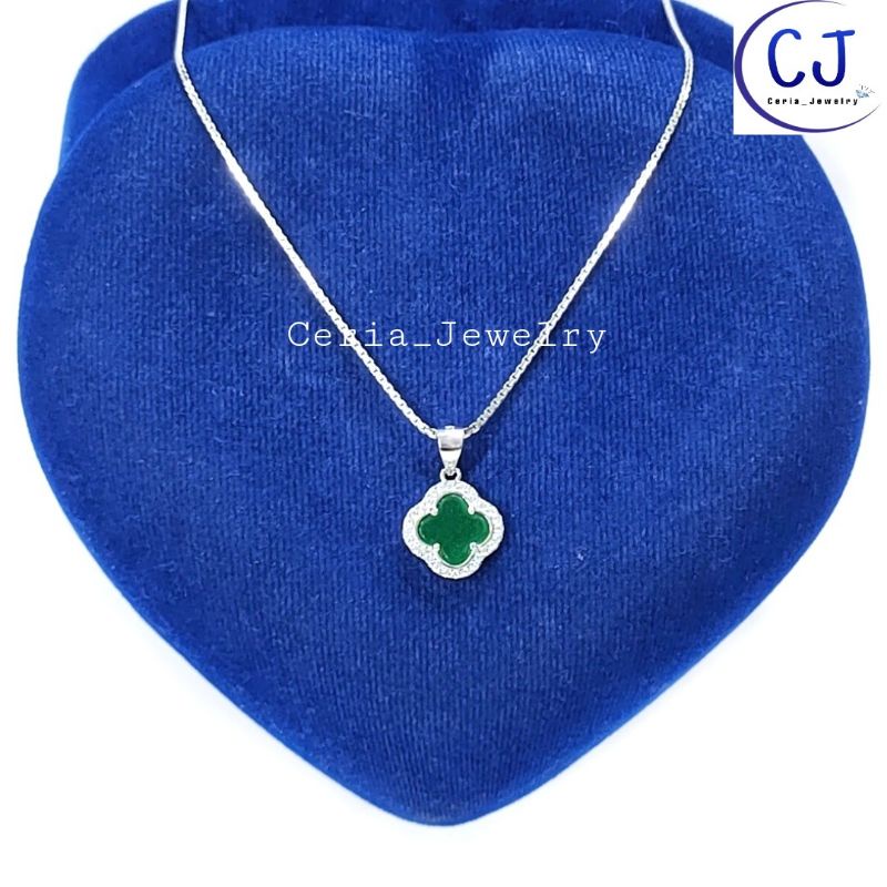 Kalung Perak Asli Silver Wanita 925 Lapis Emas Putih Model Cassandra, Italisanta liontin Clover Batu