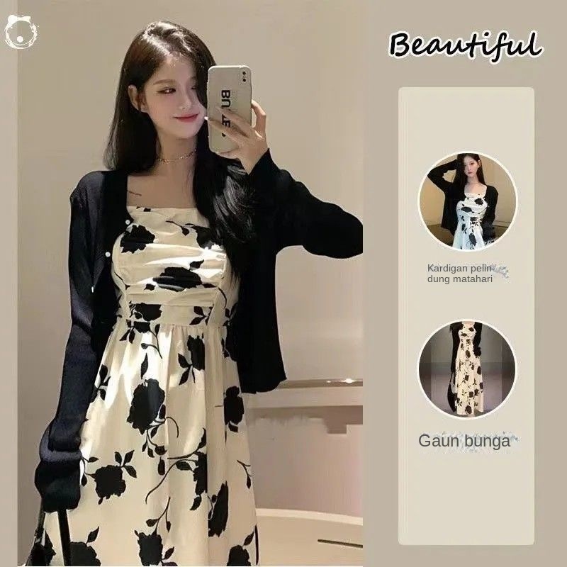French Style Retro Affordable Luxury Suspender Skirt Women's Floral Dress Cardigan Two-Piece Set