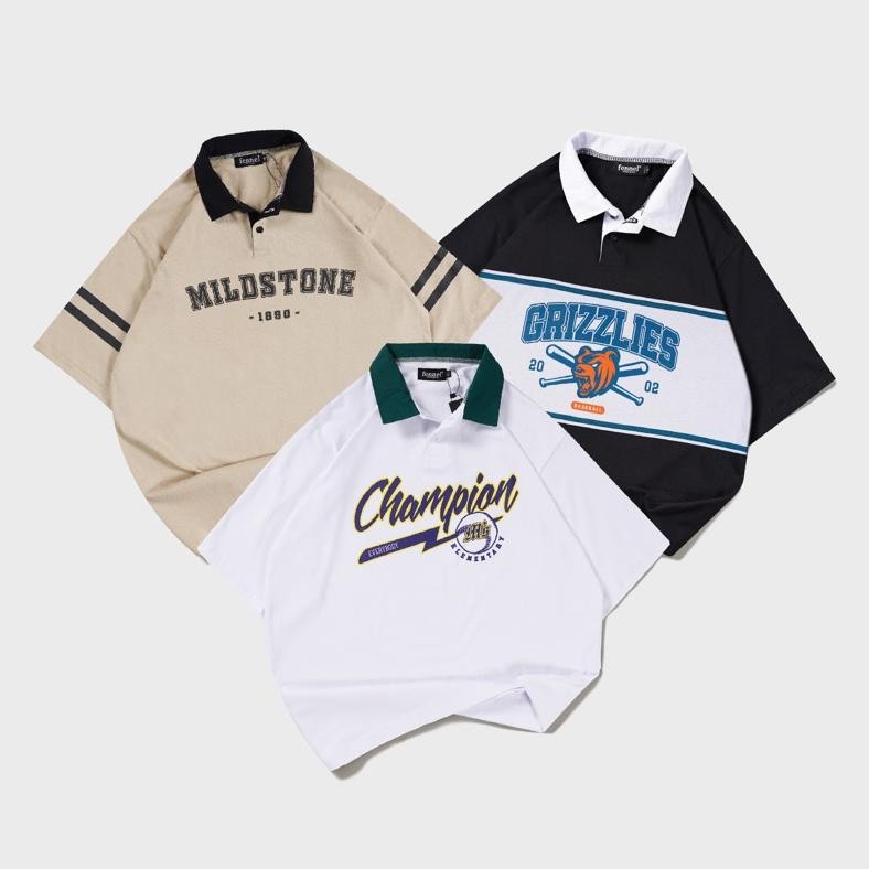 (Kode.  T037X) [N01220] T-shirt Oversize Rugby Lengan Pendek Motif CHAMPION