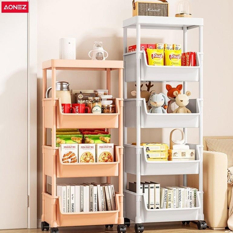 Aonez Susun Serbaguna Tempat Rak Buku Anak Lemari Buku Plastik Rak Portable Roda Rak Mainan Rak Roda