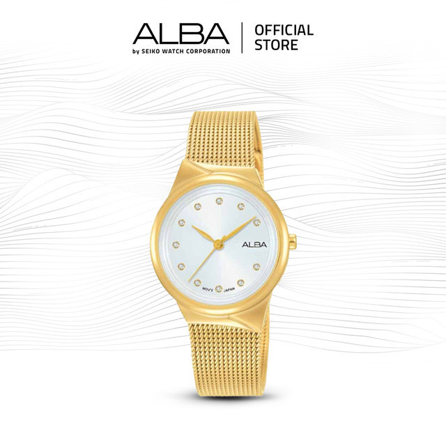 Alba Jam Tangan Wanita Fashion AH8616 / AH8616X1 Quartz Silver White Dial Gold Stainless Steel Mesh 