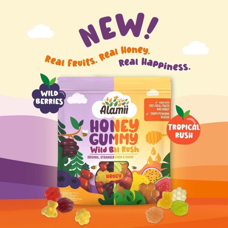 

ALAMII Honey Gummy 40gr | Cemilan Anak Rendah Gula | Alamii Honey Gummy Wild Berries Tropical Rush | Permen Jelly Less Sugar | Permen Sehat Anak NEW ITEM