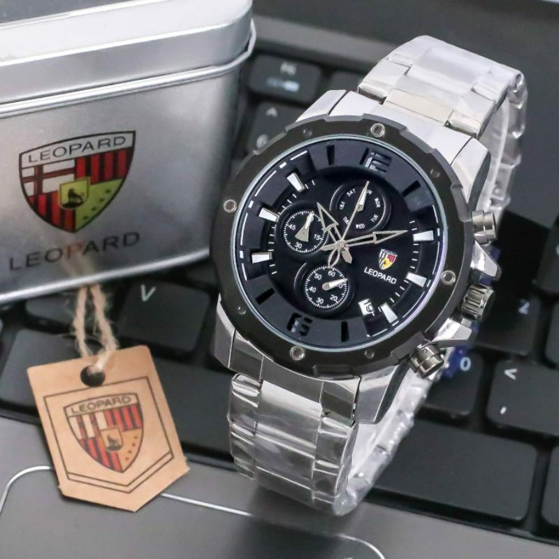 (BISA COD) JAM TANGAN PRIA LEOPARD 8806 ORIGINAL RANTAI CHRONO DAN TANGGAL AKTIF DIAMETER 4,7CM + BO
