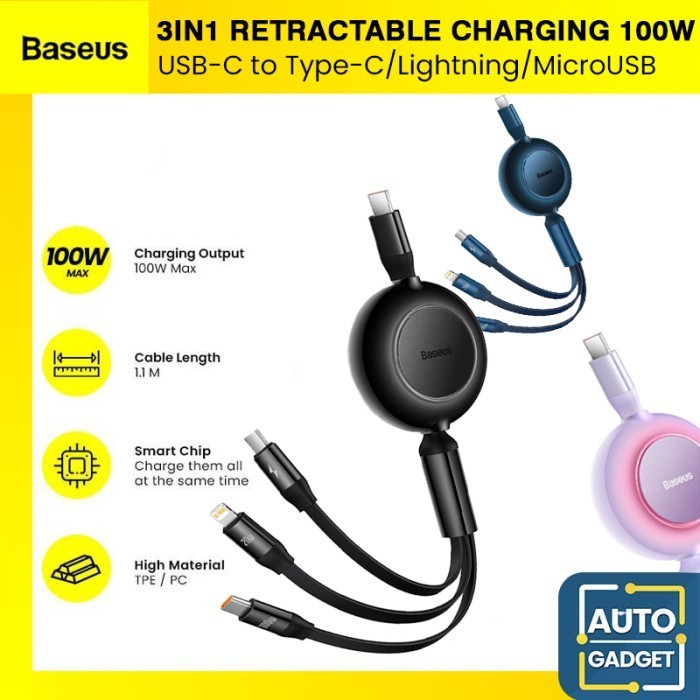 Baseus 3in1 Retractable Fast Charging Charging Cable 100W