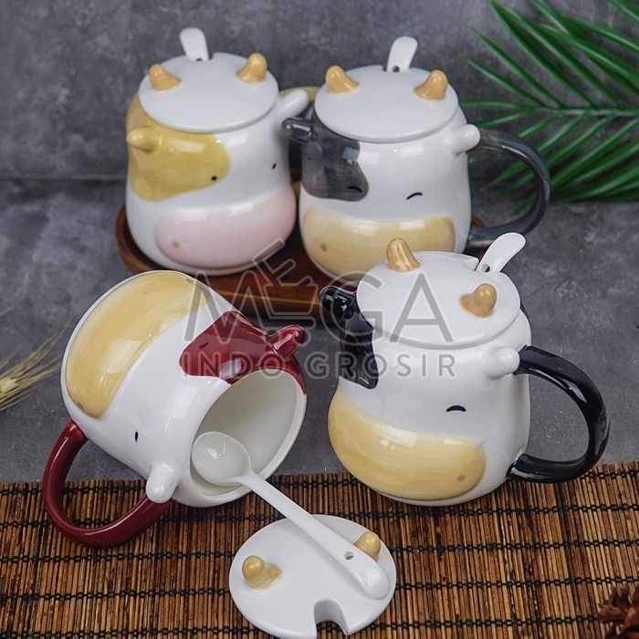 MUG KERAMIK SAPI COW SENDOK GELAS CERAMIC MINUM KOPI TEH PREMIUM IMPOR